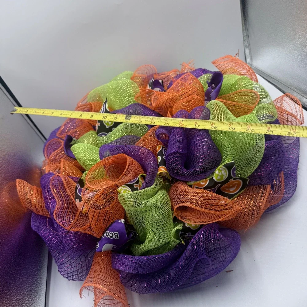 Handmade Halloween Deco Mesh Wreath Purple Orange Green Boo Ghost Pumpkin 21